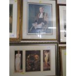 FRAMED AND MOUNTED PRINT OF LORD DENNING AND FRAMED AND MOUNTED TRIO OF PRINTS OF CLASSICAL LADIES