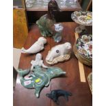 SIX JOHN BORDEAUX POTTERY ANIMAL ORNAMENTS INCLUDING SEALS AND DUCK