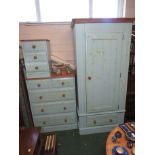 PINE PAINTED LIGHT BLUE SHABBY CHIC THREE PIECE BEDROOM SUITE COMPRISING SINGE DOOR WARDROBE,