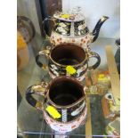 CHINA TEAPOT, MILK JUG AND SUGAR BOWL WITH GILT AND DECORATIVE PATTERN