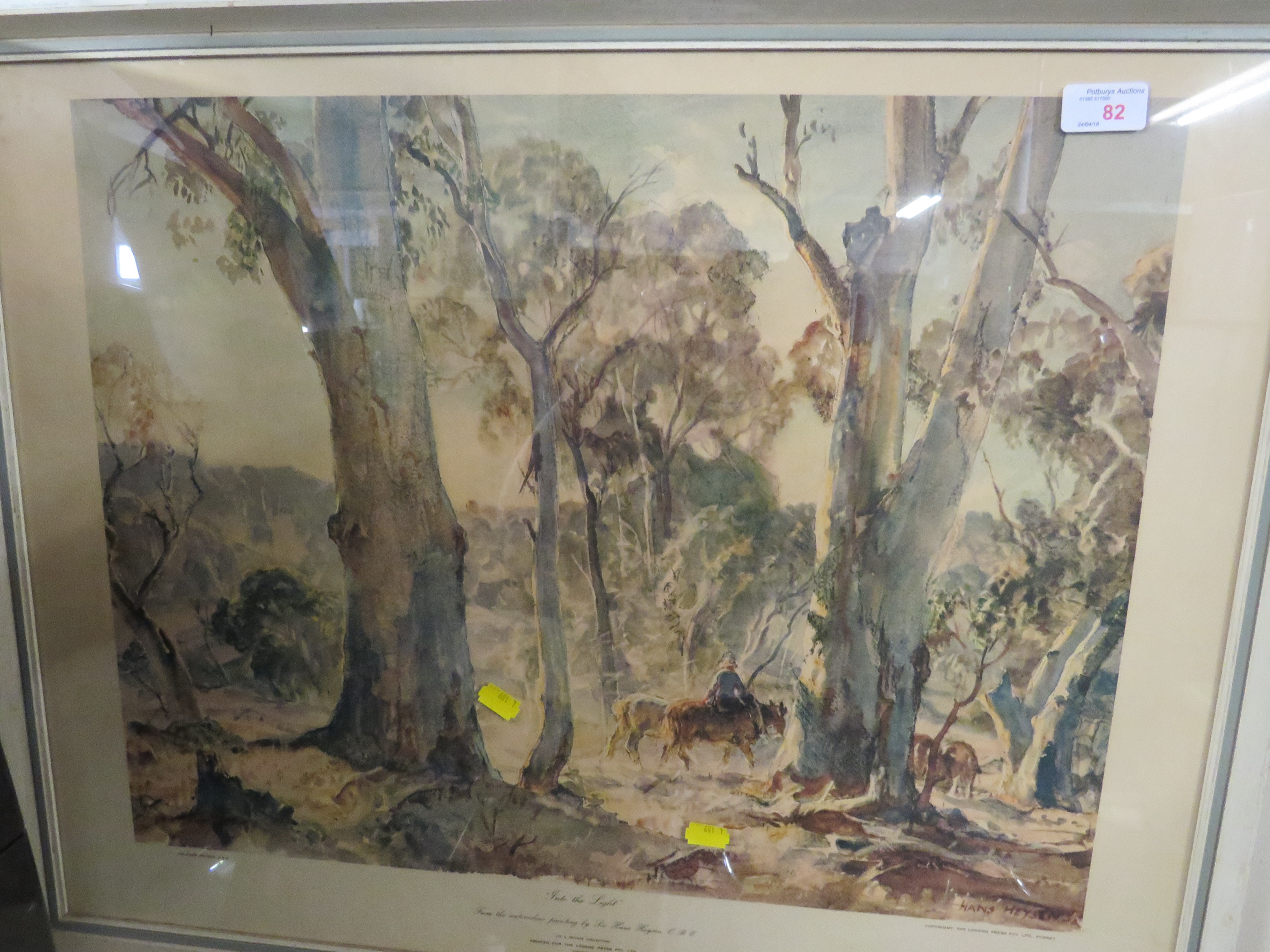 FRAMED AND GLAZED COLOUR PRINT 'INTO THE LIGHT' AFTER HANS HEYSEN AND REPRODUCTION MAP OF LONDON