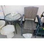 CIRCULAR METAL FRAMED GARDEN TABLE WITH GLASS TOP AND PAIR OF MATCHING CHAIRS