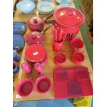 RED ENAMELLED BREAD BIN, CAST METAL COOKWARE AND OTHER KITCHENALIA