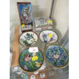 SELECTION OF CLOISONNE ITEMS INCLUDING MATCHBOX HOLDERS AND PIN DISHES