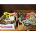 TWO BOXES OF VINTAGE TOYS AND GAMES INCLUDING TELEPHONE, SEWING MACHINE AND PLAYING CARDS