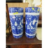 PAIR OF BLUE AND WHITE CERAMIC CYLINDRICAL VASES