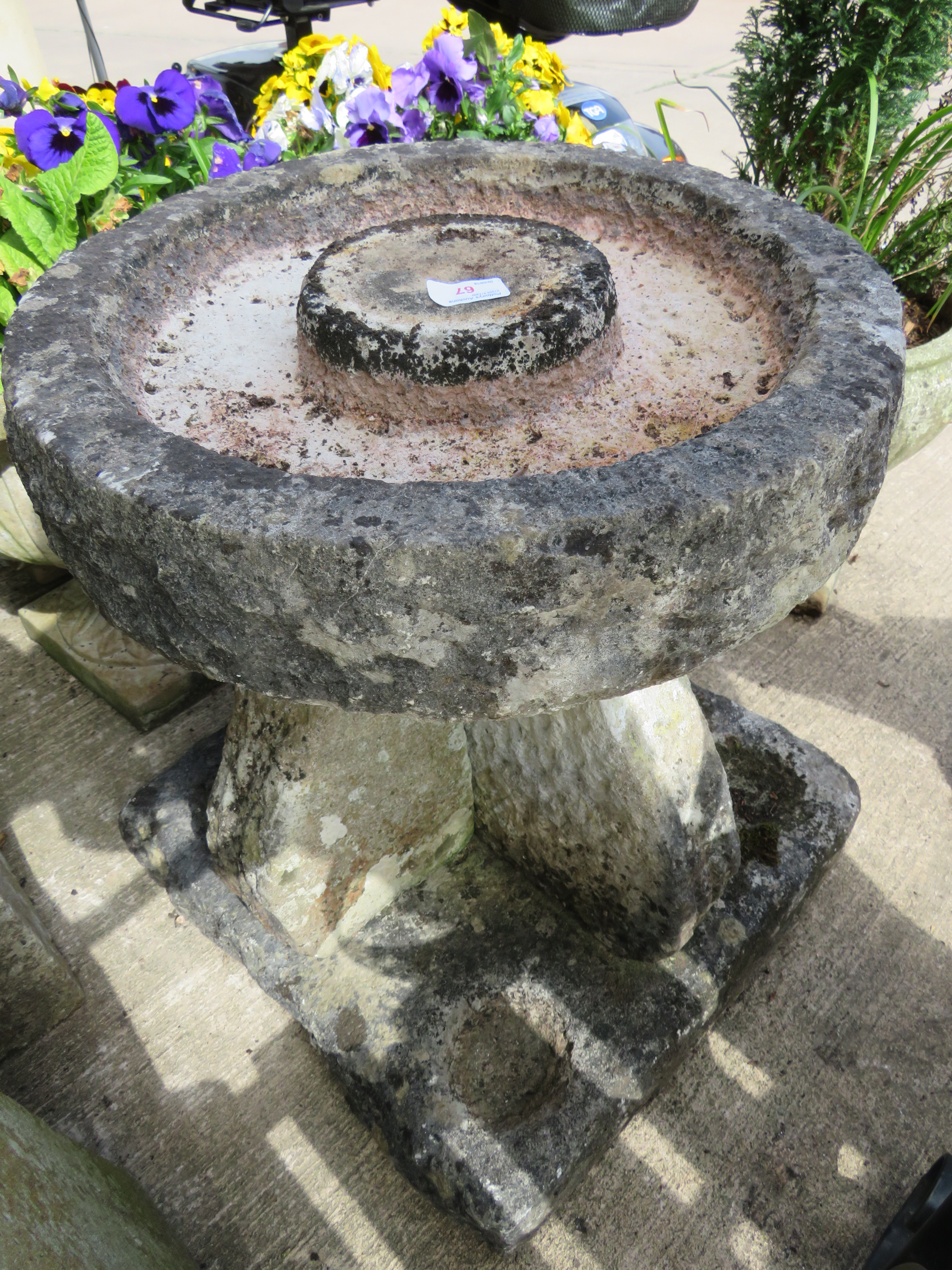 CIRCULAR BIRDBATH STANDING ON CROSS COLUMN AND STONE PLINTH WITH SMALL BOWL INDENTATIONS TO EACH - Image 5 of 5