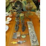 BRASS TRIVET, CONVEX TOILET MIRROR, FOUR FLAT IRONS, SPELTER FIGURE OF MAN ON HORSEBACK AND OTHER