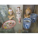 FAR EASTERN POTTERY AND CHINA INCLUDING PAIR OF VASES RAISED ON FU DOGS, FIGURE AND PAIR OF SIGNED