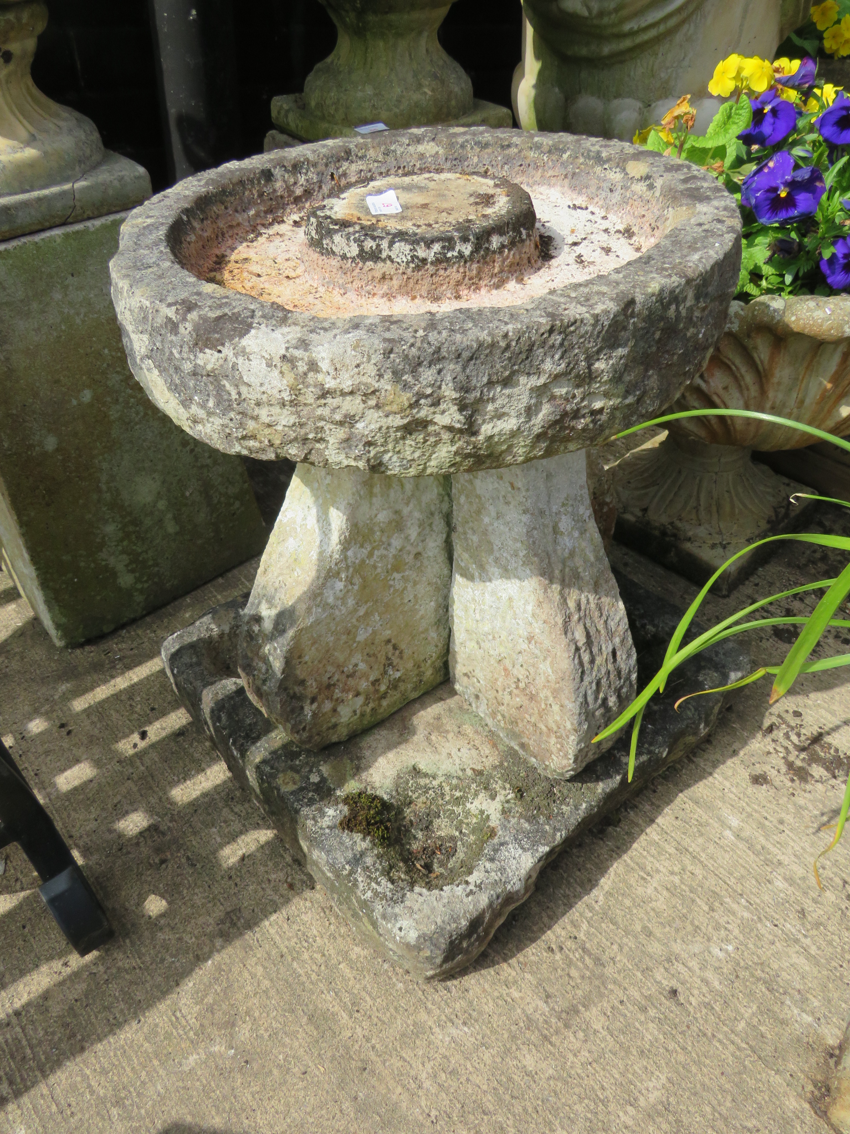 CIRCULAR BIRDBATH STANDING ON CROSS COLUMN AND STONE PLINTH WITH SMALL BOWL INDENTATIONS TO EACH - Image 2 of 5