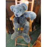 VINTAGE LIGHT WOOD DOLL'S HIGH CHAIR AND TEDDY BEAR