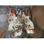 PAIR OF STAFFORDSHIRE FLATBACK ORNAMENTS OF WOMAN WITH DOG, PEN STAND MODELLED WITH BIRDS AND