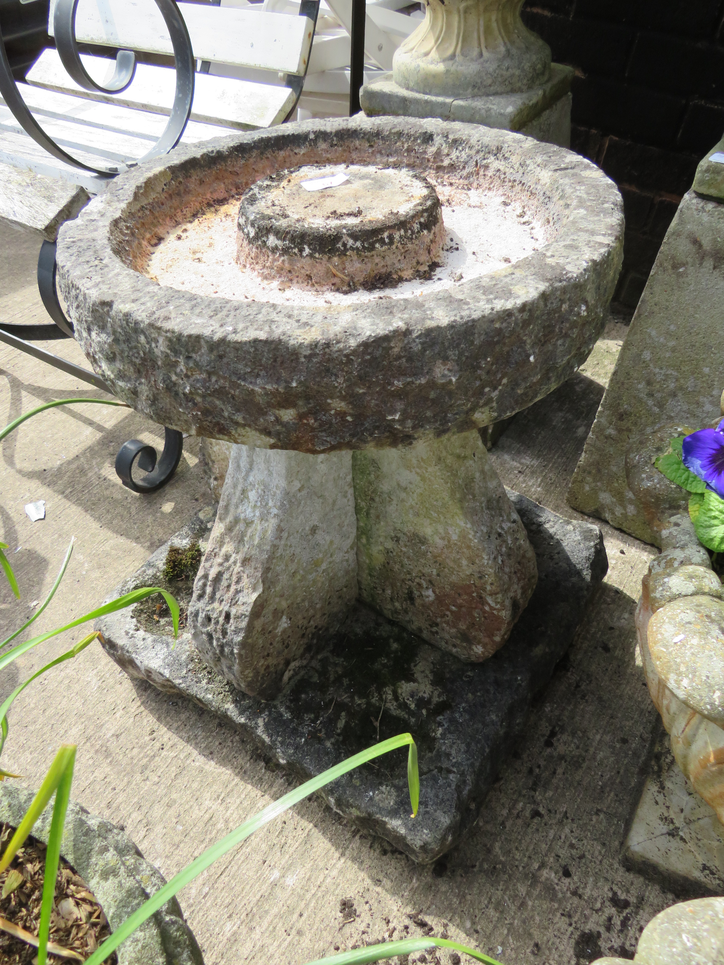 CIRCULAR BIRDBATH STANDING ON CROSS COLUMN AND STONE PLINTH WITH SMALL BOWL INDENTATIONS TO EACH - Image 3 of 5