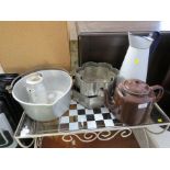 LARGE ENAMELLED TEAPOT, JUG, PRESERVING PAN AND ASSORTED SHAPED BAKING TINS