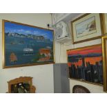OIL ON CANVAS OF HONG KONG SKYLINE AT SUNSET SIGNED LOWER RIGHT AND OIL ON CANVAS OF HONG KONG