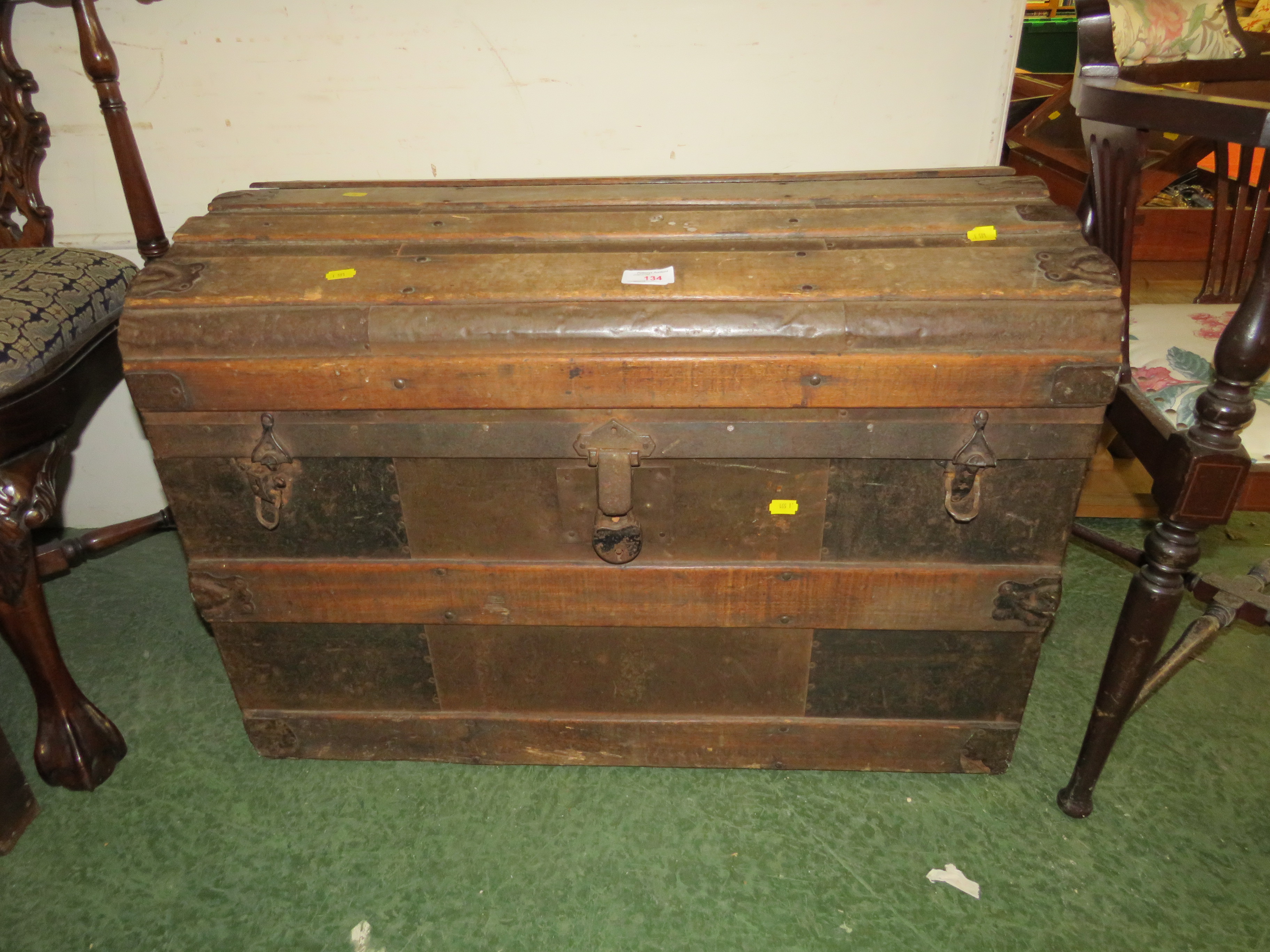 METAL AND WOODEN BANDED STEAMER TRUNK (A/F)