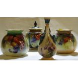 Three Hadley Worcester pots and a vase - (1) pot painted with blackberries and flowers, brown
