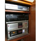 SONY CD PLAYER, AIWA TURNTABLE AND AUDIO SYSTEM IN CABINET (TWO NEED PLUGS) (TWO REMOTES IN OFFICE)