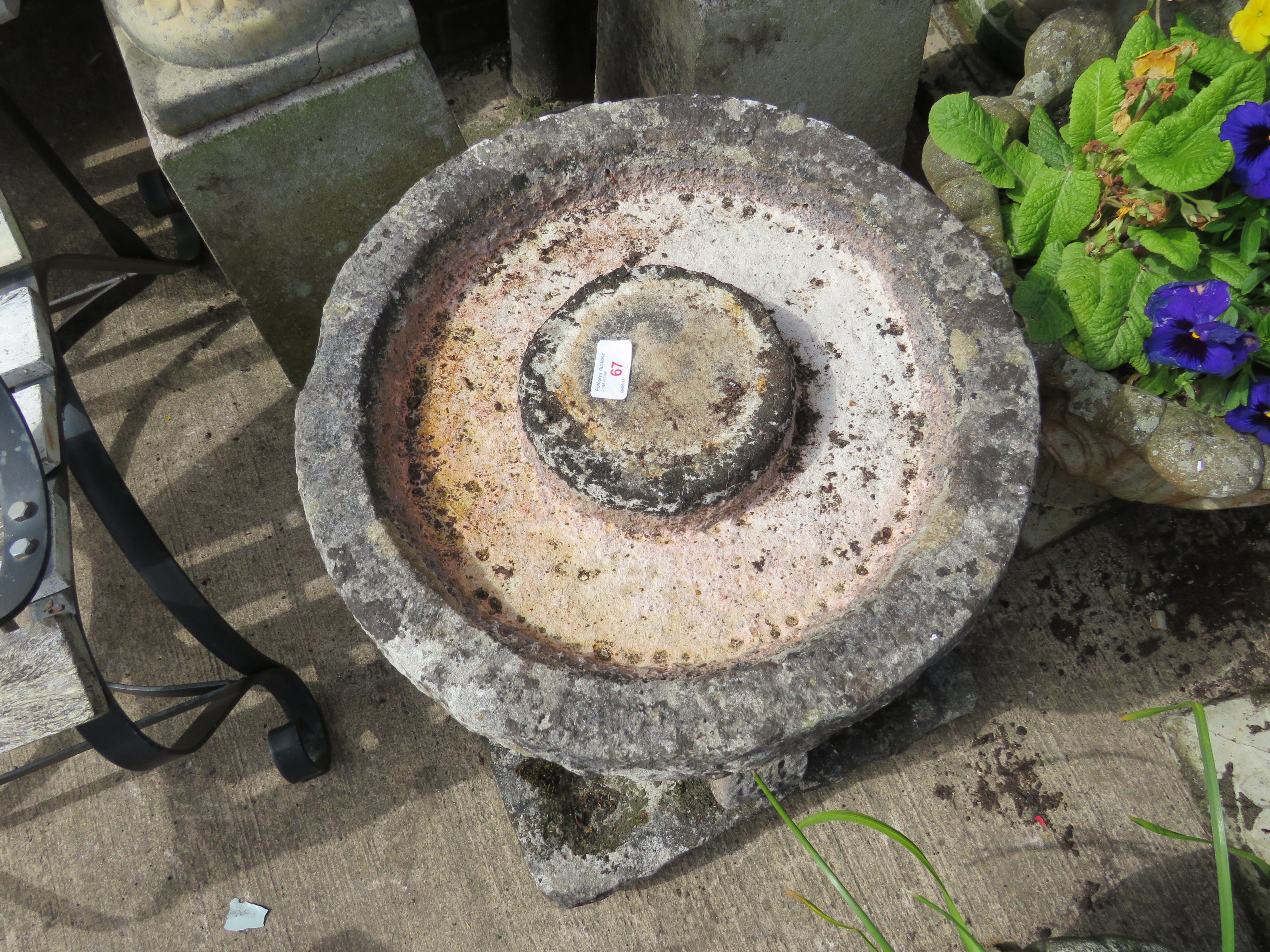 CIRCULAR BIRDBATH STANDING ON CROSS COLUMN AND STONE PLINTH WITH SMALL BOWL INDENTATIONS TO EACH - Image 4 of 5