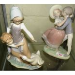 TWO LLADRO FIGURAL GROUPS - BOY AND GIRL WITH GOOSE, AND BOY AND GIRL ABOUT TO KISS