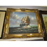 OIL ON CANVAS OF SAILING SHIP IN GILT EFFECT FRAME