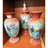 PAIR OF OPAQUE GLASS VASES AND MATCHING LIDDED URN DECORATED WITH PEACOCKS AND COUNTRY SCENES