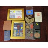 WW II TRIO OF MEDALS FRAMED WITH NO. 4 COMMANDO FABRIC BADGES, TOGETHER WITH SOLDIER'S SERVICE AND