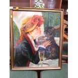 FRAMED OIL ON CANVAS OF LADY WITH DOG AFTER RENOIR, SIGNED LOWER RIGHT M. DEMKIW 1985