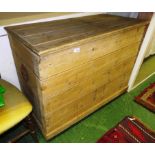 STRIPPED PINE LIFT TOP STORAGE CHEST ON CASTORS