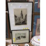 FRAMED AND MOUNTED BLACK AND WHITE ETCHING OF CATHEDRAL SIGNED IN PENCIL LOWER RIGHT, TOGETHER