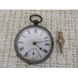 935 WHITE METAL KEY WINDING OPEN FACE POCKET WATCH WITH KEY