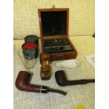 TWO PIPES, PART BOXED SET OF WEIGHTS, COD LIVER OIL SPOON, MEDICINE GLASS AND TRAVELLING INKWELL