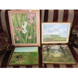 FOUR FRAMED OIL ON BOARDS INCLUDING SIDMOUTH COAST AND STILL LIFE OF FLOWERS