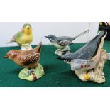 FOUR BESWICK BIRDS - GREENFINCH, GREY WAGTAIL, NUTHATCH AND WREN