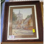 FRAMED AND GLAZED WATERCOLOUR SCENE OF CHURCH AND VILLAGE STREET, SIGNED LOWER RIGHT