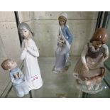 THREE LLADRO FIGURINES - GIRL AND BOY PRAYING, LADY WITH FLOWERS AND GIRL WITH CAT