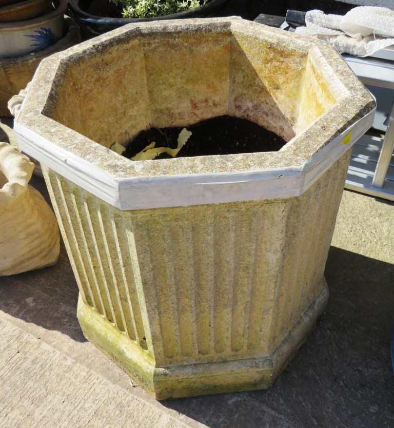 LARGE OCTAGONAL FLUTED DEEP COMPOSITE STONE PLANTER