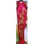 FABRIC BANNER OF RED SILK WITH NEEDLEWORK OF CHINESE DRAGONS AND FLAMING PEARL