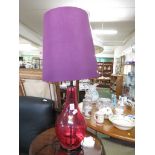 RED GLASS TABLE LAMP WITH PURPLE SHADE