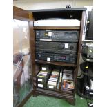 WOOD VENEERED HI-FI CABINET WITH CONTENTS OF DUAL TURNTABLE, TECHNICS CD DECK AND AMPLIFIER, DENON