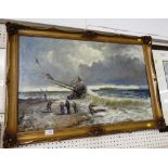 OIL ON CANVAS OF BEACHED SAILING BOAT IN ROUGH SEAS, SIGNED LOWER LEFT IN GILT FRAME