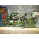 ASSORTED DIE-CAST MILITARY VEHICLES AND THREE BOXES OF PLASTIC SOLDIERS