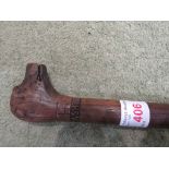 WALKING CANE WITH CARVED DOGS HEAD INSCRIBED 'OLDE HALL ASHTON'