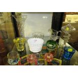 MIXED DECORATIVE GLASSWARE INCLUDING A FLUTE VASE, CUT GLASS ITEMS (ONE SHELF)