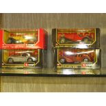 FOUR BURAGO 1:24 SCALE MODEL CARS - BUGATTI TYPE 55, BUGATTI ATLANTIC, MERCEDES-BENZ SSK 1928, AND