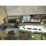 FIVE BOXED MODEL VEHICLES - CLASSIC CAR MODEL COLLECTION BOXED SET; 1:24 LINCOLN LIMOUSINE; 1:25