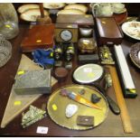 WOODEN AND METAL CLAD BOXES, SLIDE RULE, FIELD GLASSES, METALWARE AND SMALL ITEMS