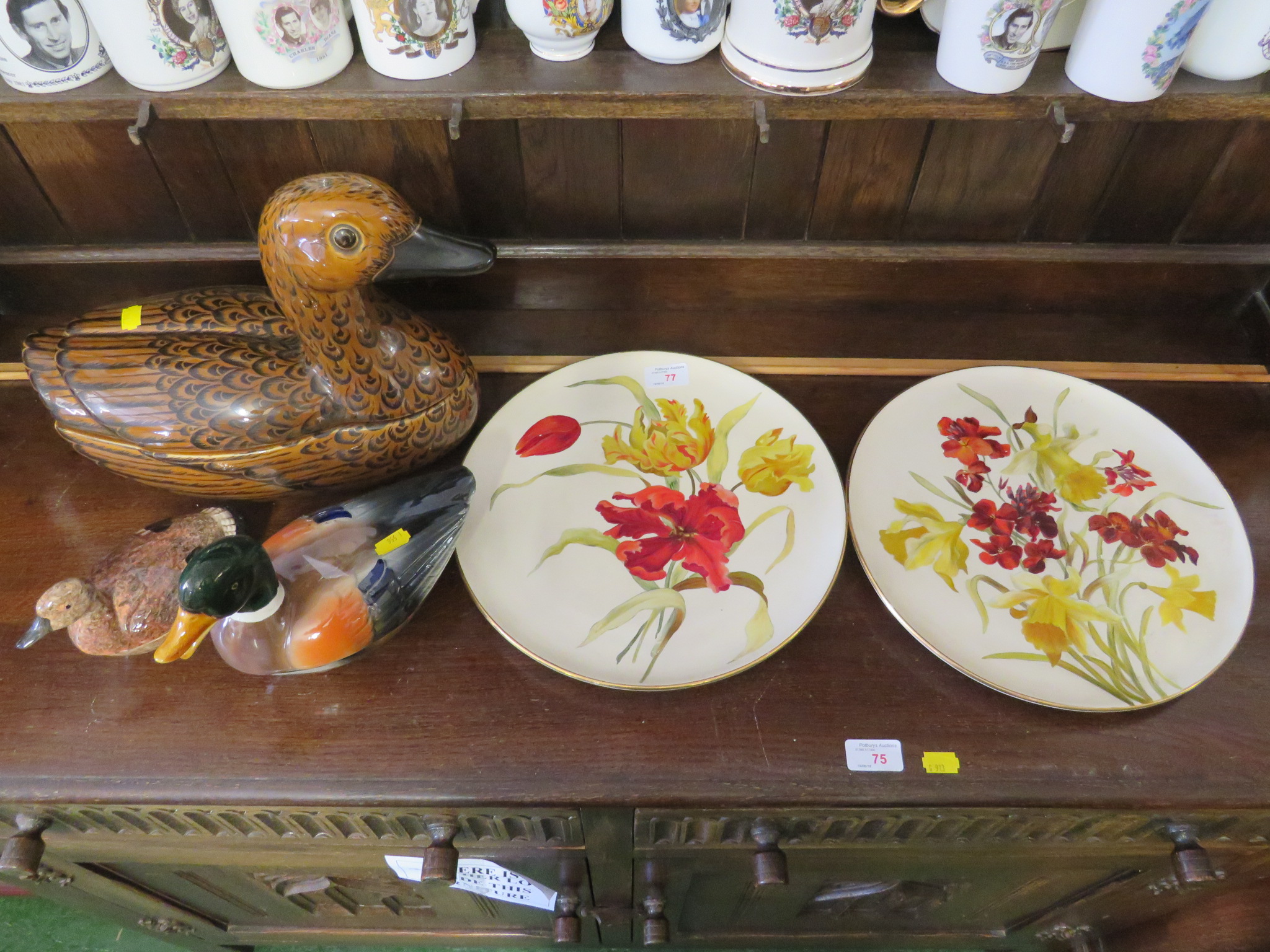 TWO LARGE FLORAL DECORATED CERAMIC WALL PLATES, FORNASETTI CERAMIC DUCK CROCK AND TWO OTHER SMALL