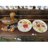 TWO LARGE FLORAL DECORATED CERAMIC WALL PLATES, FORNASETTI CERAMIC DUCK CROCK AND TWO OTHER SMALL