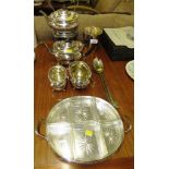 ELECTROPLATED SPIRIT KETTLE, TEAPOT, SUGAR BOWL AND MILK JUG, ICE BUCKET, SALAD SERVERS AND